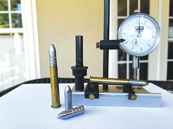 RCBS run-out tool with sample cartridges and 330-grain Schauf bullet.